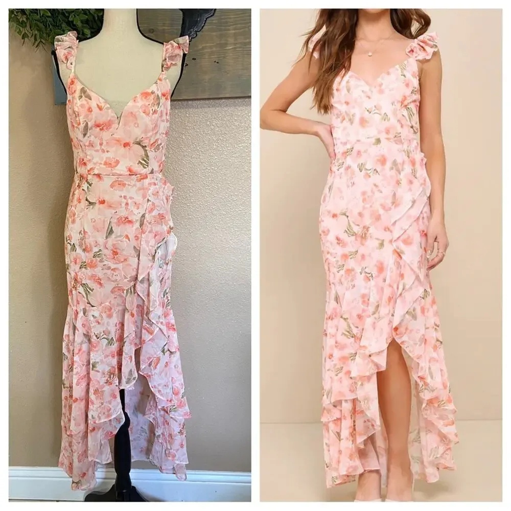 NWOT Lulus Darling Glow Peach Pink Floral Ruffled High-Low Maxi Dress